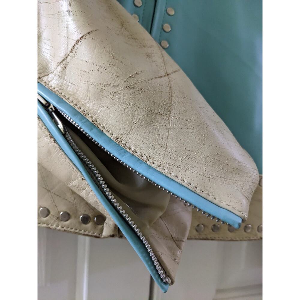 Wilson's RARE Vintage Aqua Leather Maxima Star Distressed Jacket Size L Large - Picture 4 of 11